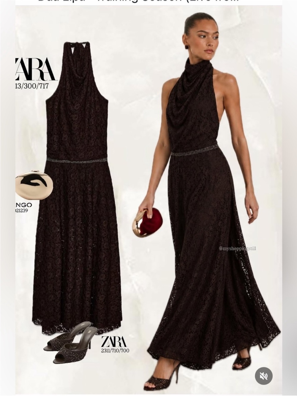 Zara Black Lace Halter Maxi Dress with Embellished Waist